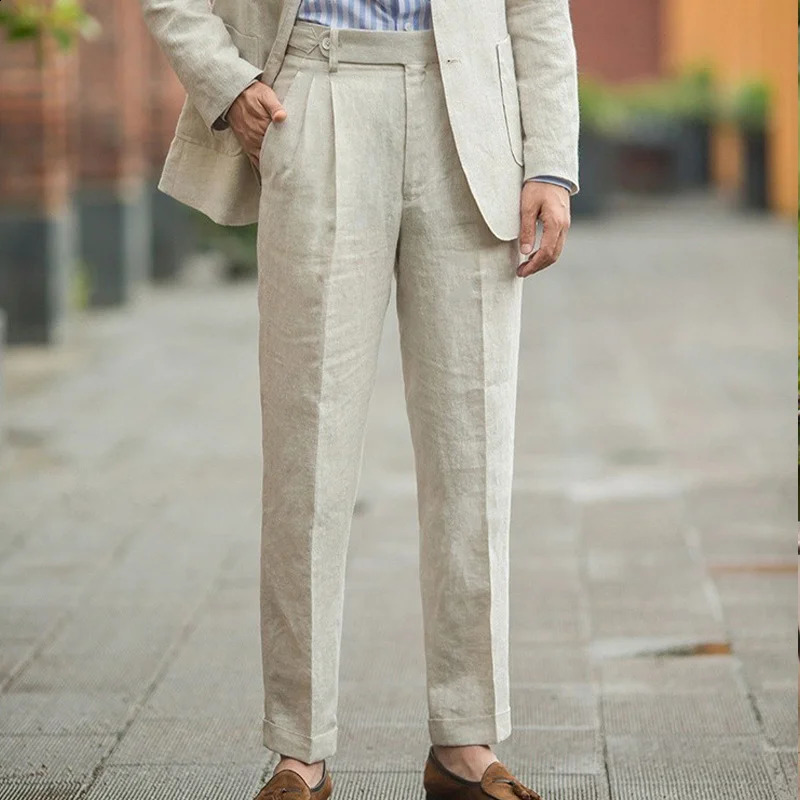 British Retro American Style Naples Mens Linen Pants Summer Loose Thin Casual Pants with Paris Buttons 250919
