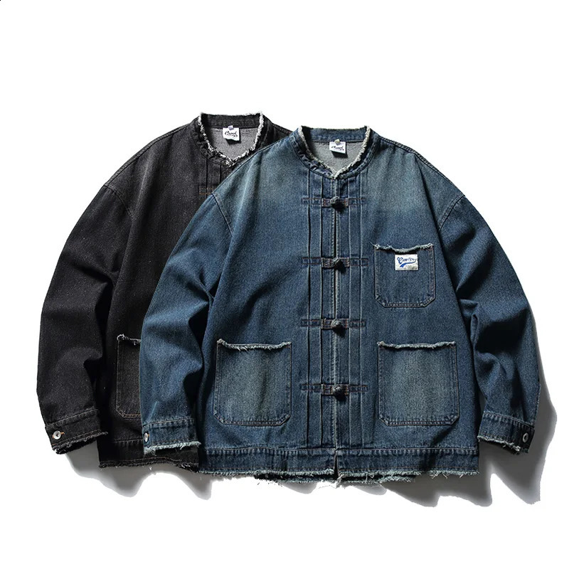 Men Chinese Button Loose Casual Broken Denim Retro Fashion Denim Jacket Cityboy Jeans Coat Boyfriend Oversize Outerwear 250920