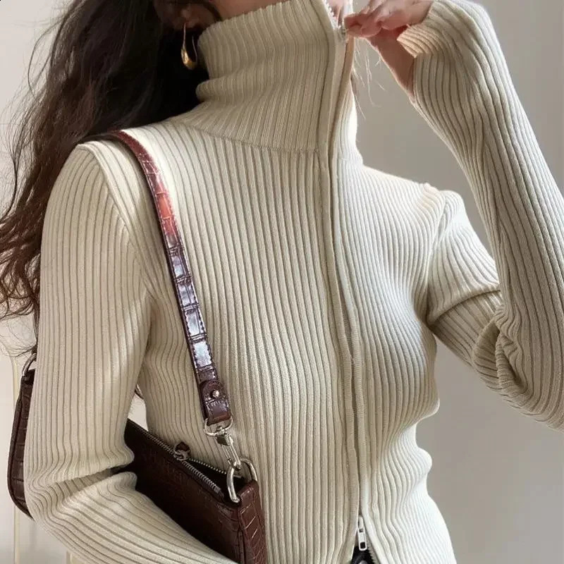 Casual Cardigan Y2K Slim Knitted Sweater Zipper Lapel Top Vintage High Strecth Slim Pullovers Womens Clothing 250919