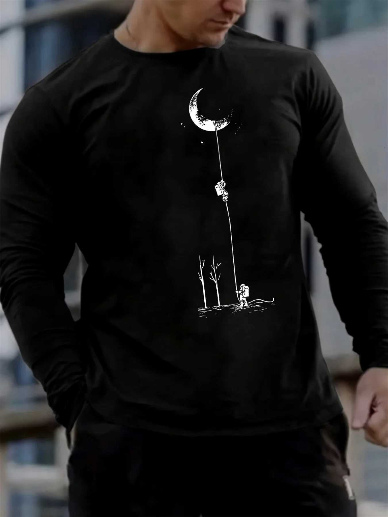 Mens 100 pure cotton loose fit comfortable casual sports landing moon pattern printed round neck long sleeved Tshirt topXJ250920