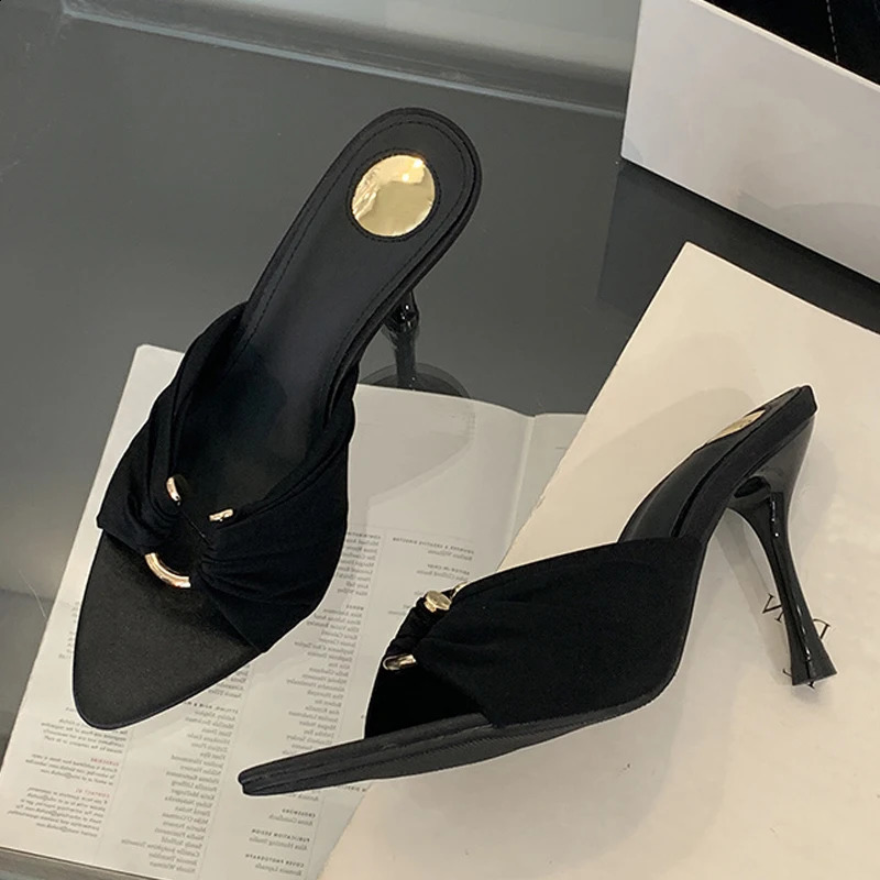 Liyke Summer Fashion Slippers Women Mules Slides Sexy Hollow Out Metal Buckle Sandals High Heels Female Shoes Black 250920