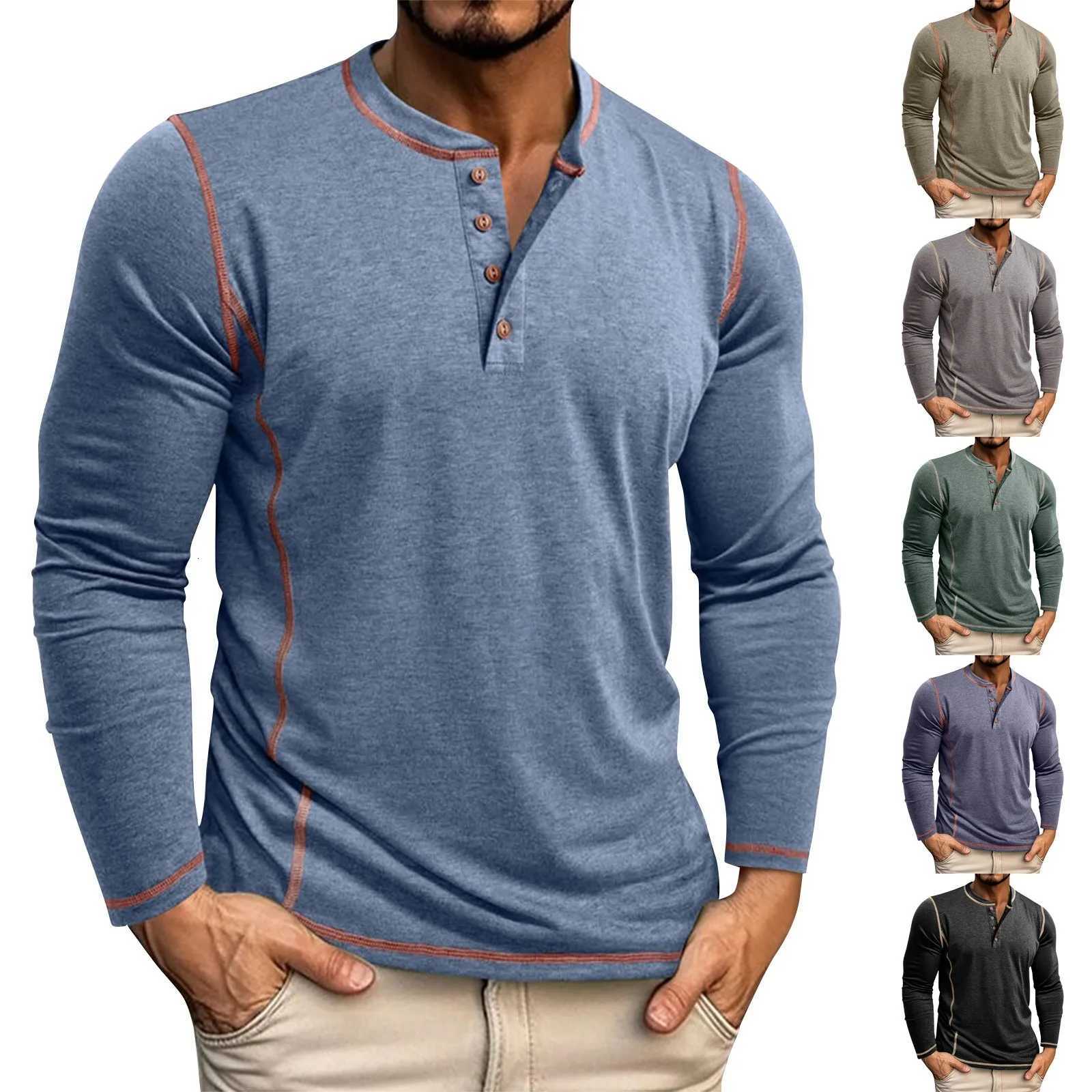 MenS Four Button Top Autumn New Long Sleeved Henry Collar TShirt Daily Basic Regular Fitting Line Splicing Pullover TopsXJ250920