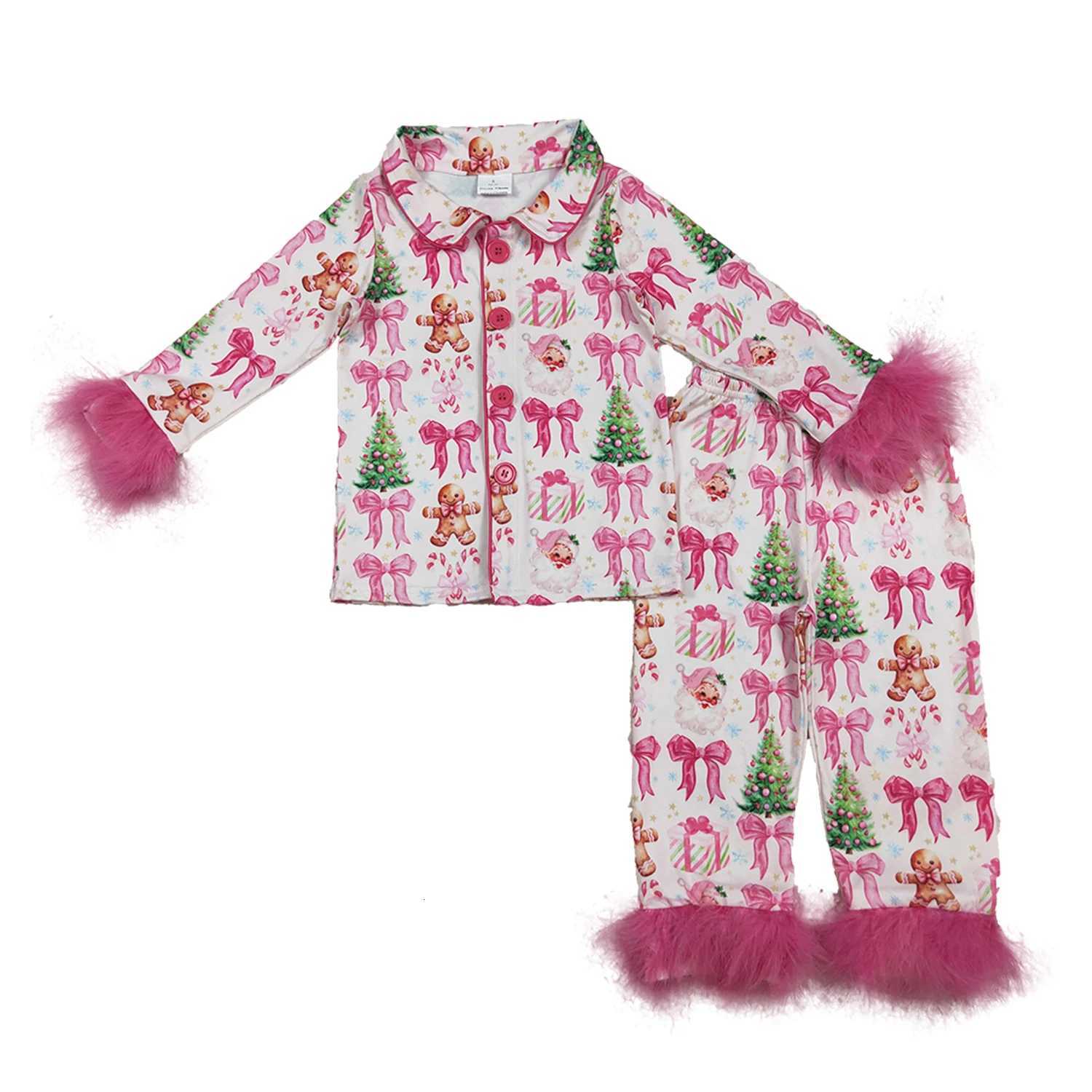Baby Girls Christmas Pyjamas Ensemble avec arcs de fourrure Arbres Gingerbread Button Bouton Top Pantalon Tenue pour les célébrations de vacances