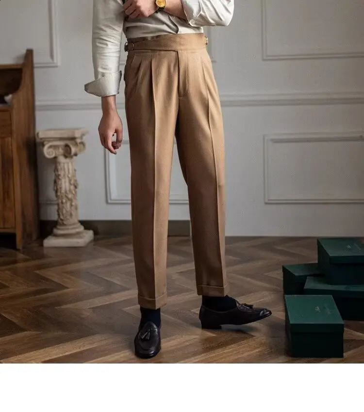 British Mens Suit Pants Straight High Waisted Naples Pants Formal Business Brown Black Khaki Off White Trousers Wedding Dress 250919