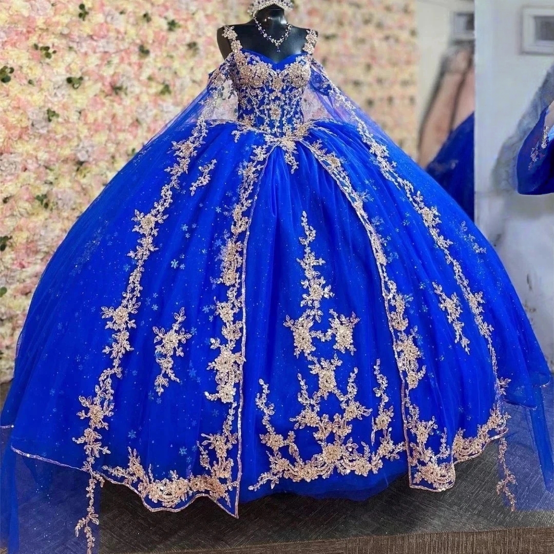 Robes de quinceanera bleu royal robe de bal appliquée dorée Sweet 16 Robe Off épaule princesse d'anniversaire de fête d'occasion spéciale robes