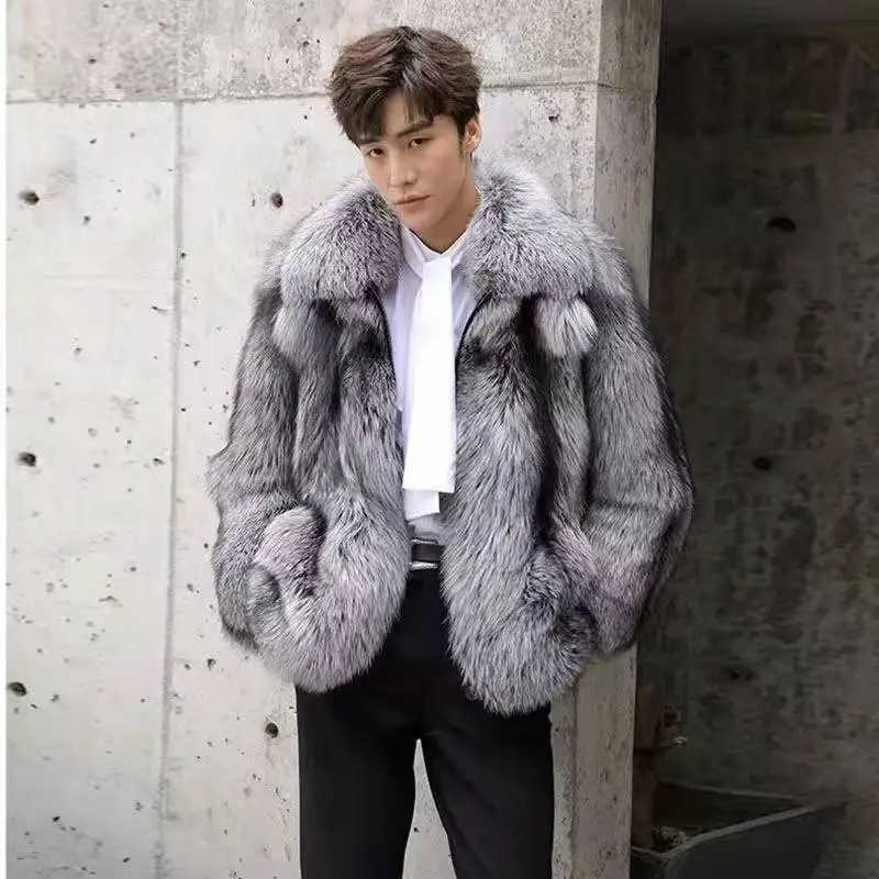 Luxury Brand Mens Autumn Winter Fluffy New Business Casual Silver Fox Fur Jacket Faux Fur Coats Fashion Charming Warm TopsXJ250920