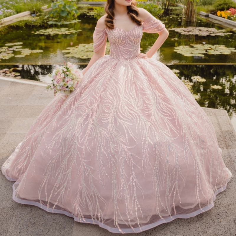 Light Pink Shiny Quinceanera Dresses Off The Shoulder Sequin Lace Beading Crystal Bow Tull Party Birthday Sweet 16 Dress Vestidos De 15 Anos