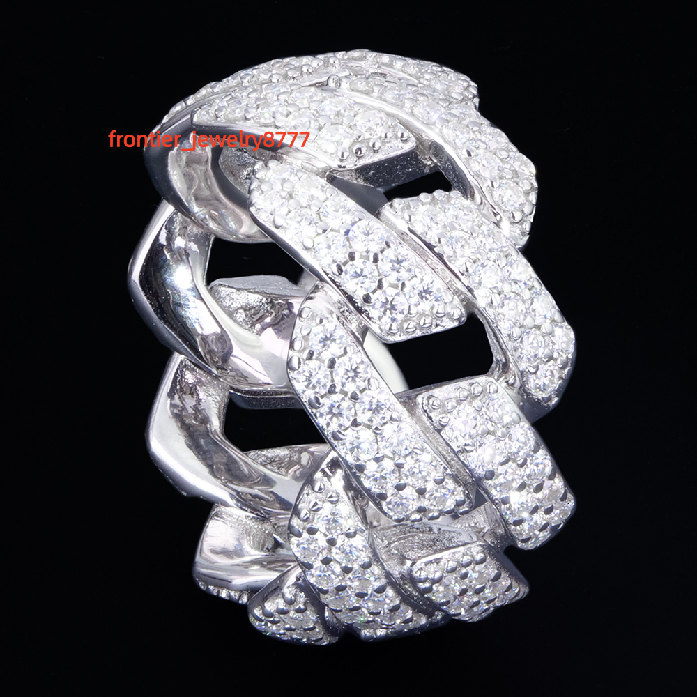 Factory Wholesale Men 925 Sterling Silver 2 Rows Pave Full Real Vvs Diamond Moissanite Jewelry Hip Hop Iced Out Cuban Link Ring