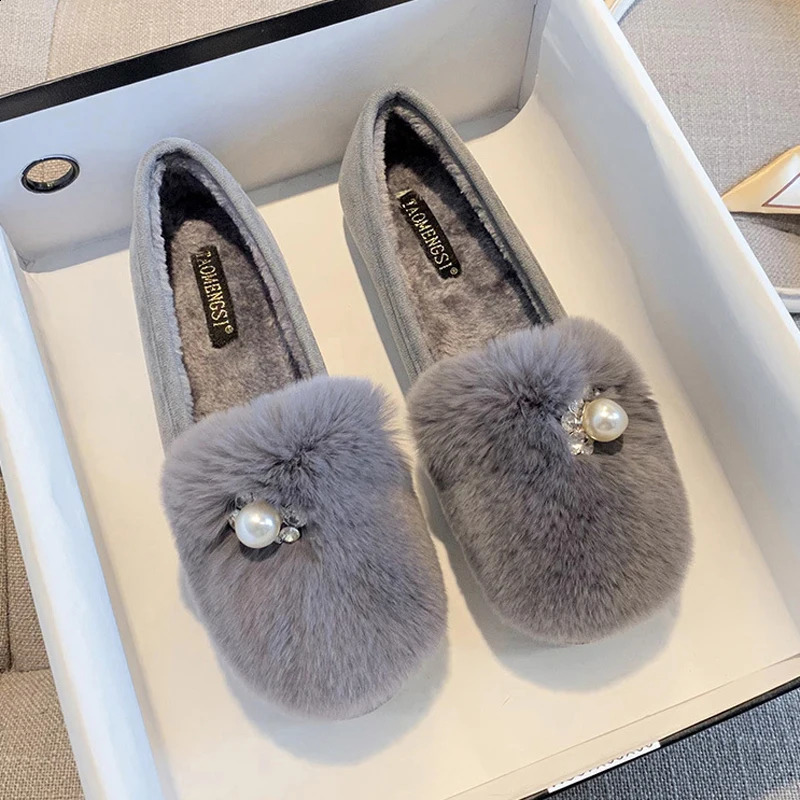 Fluffy Rabbit Fur Shoes Ladies Winter Shearling Boots Warm Plush Cotton Loafers Women Slip On Mocasines Mujer Furry Ballet Shoes 250919
