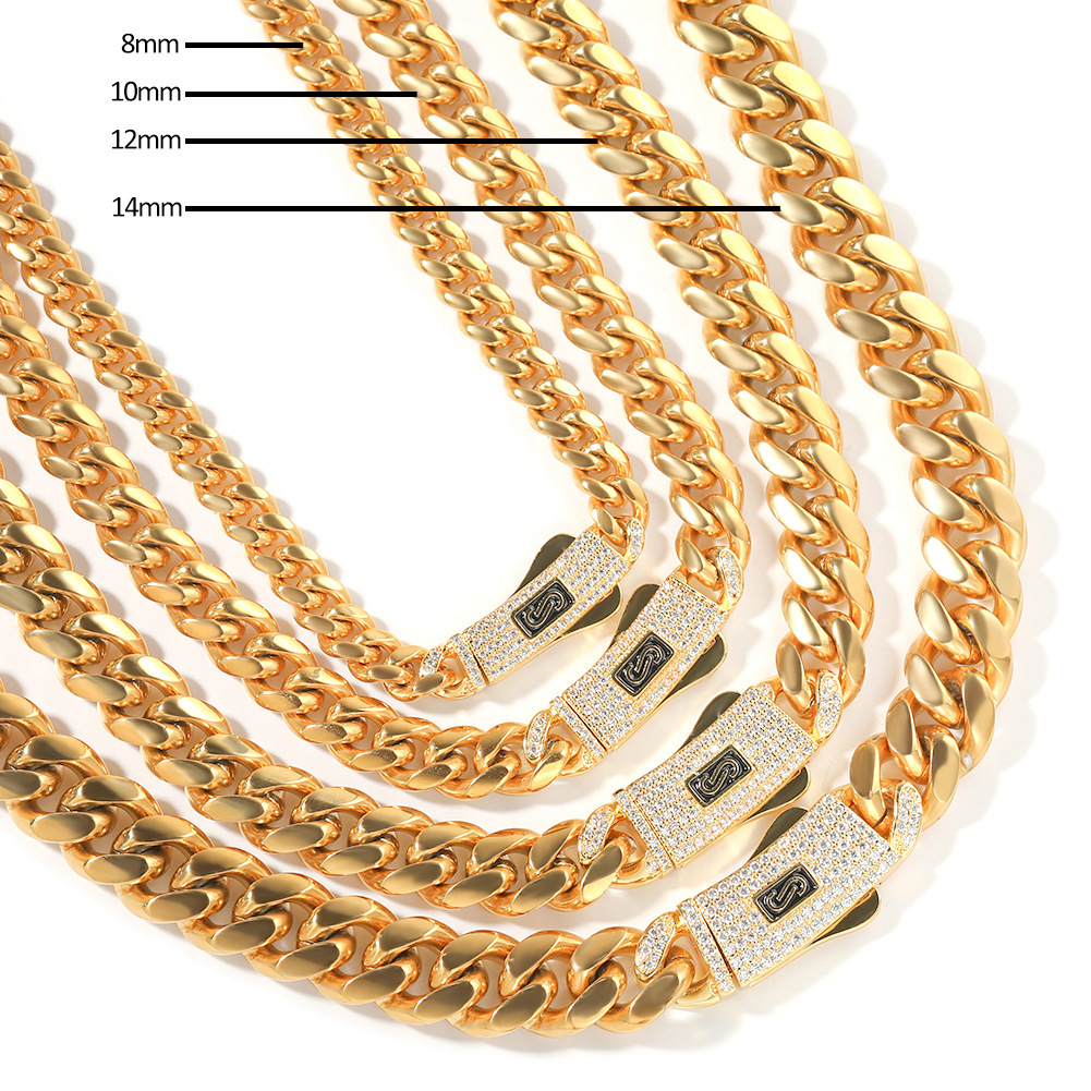 New Style Dia-Studded Clasp 8-14MM Smooth Cuban Personality Trendy Brand Hip-Hop Jewelry Necklace Chain