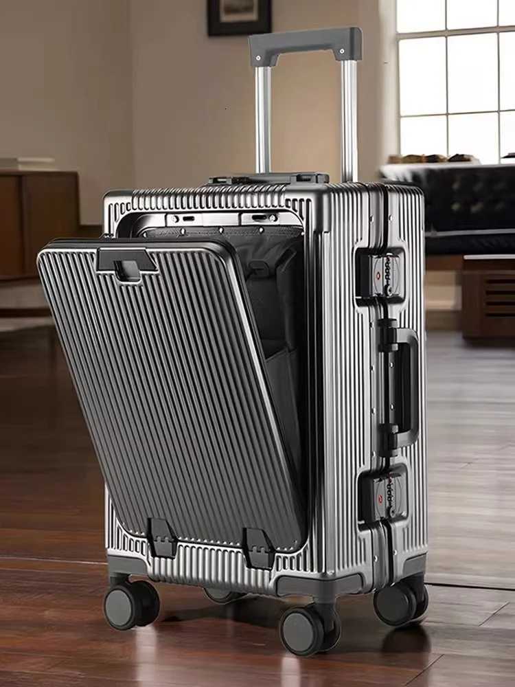 Front Opening Cabin Suitcase Trolley Case Buckle Lid 202426 inch Large Capacity Luggage usb Charging Cup Holder Aluminum Frame W250920-image-1076020500