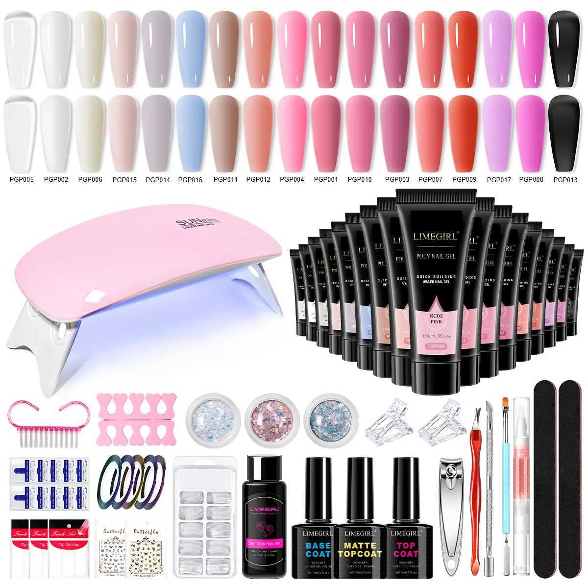 LIMEGIRL 15ML Nail Extension Gel Kit UV Gel Soaking Primer Pen Washing Water Glitter Manicure Mini LED Lamp Nail Gel Kit L250920-image-1076004119