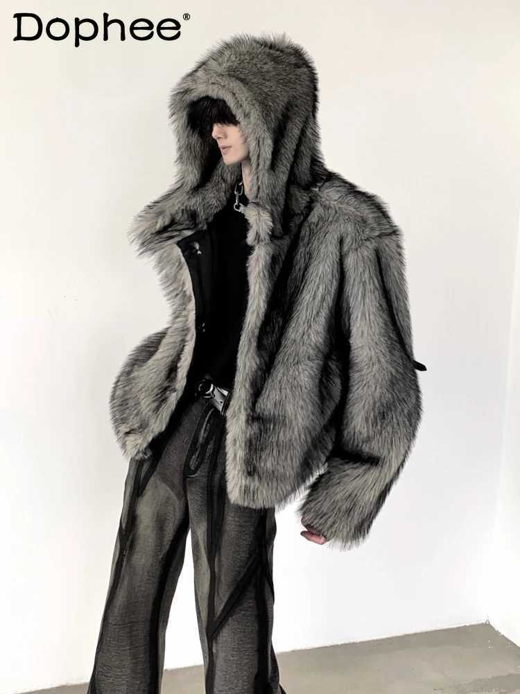 Fashion Mink Plush Imitation Fur Jackets Mens 2024 Autumn Winter Highend Design Chic Faux Fur Coats Trendy Hooded Short JacketXJ250920