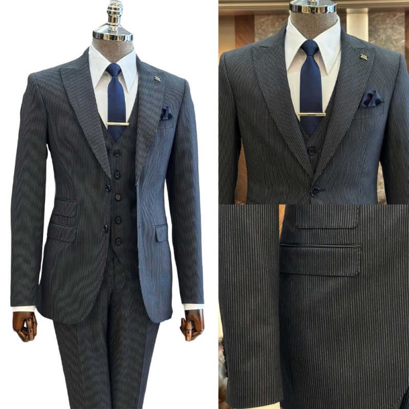 Pinstripe Men Suits Chic Peak Lapel Single Breasted 3 Piece Sets Fashion Slim Daily Office Formal Business Casual Male Suit