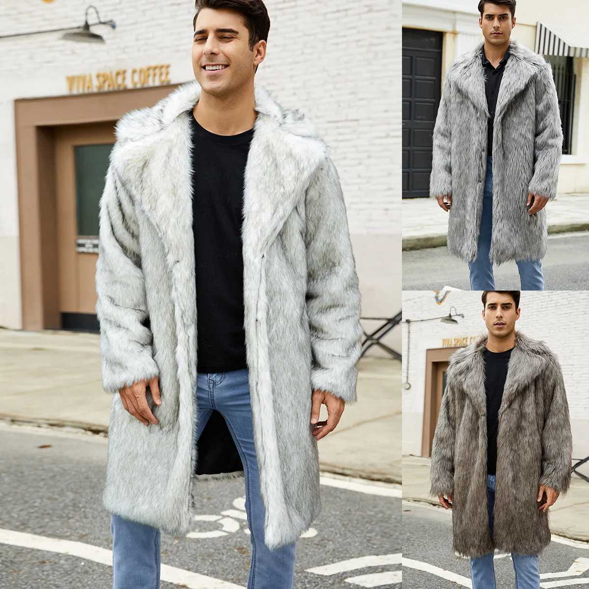Men Long Faux Fur Coat Jacket Thick Warm Coats Turn Down Collar Full Sleeve Splice Coats Cardigan Male Streetwear Winter AutumnXJ250920