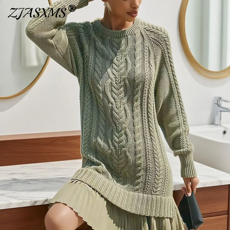 Elegant O Neck Twist Sweater Dress Woman Autumn Solid Splicing Chiffon Pleated Dress Winter Long Sleeve Pullover Knitted Dresses 250920