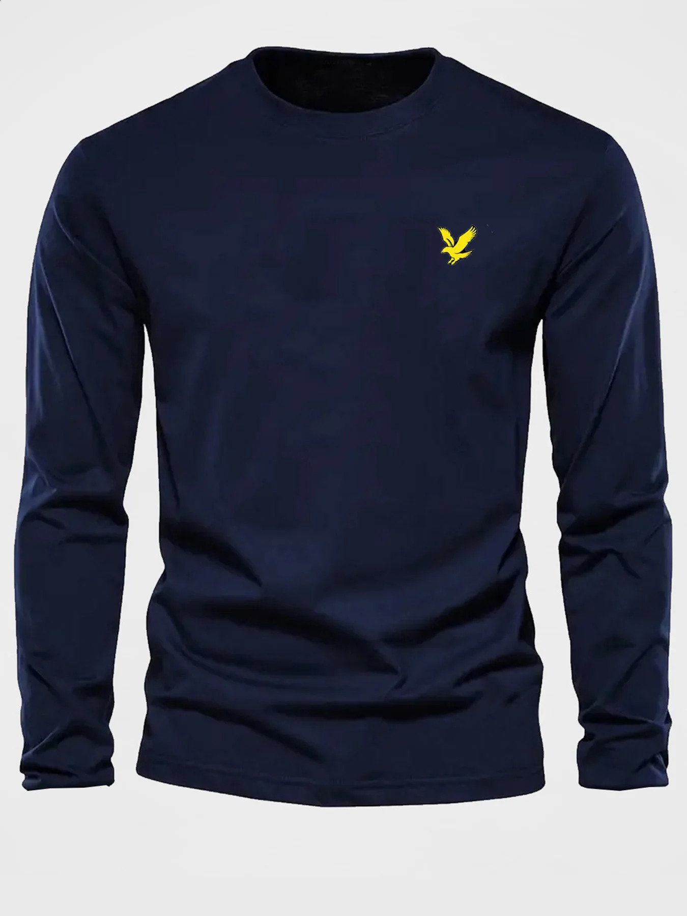 Mens 100 pure cotton loose fit comfortable casual sports eagle pattern printed round neck long sleeved Tshirt top 250920