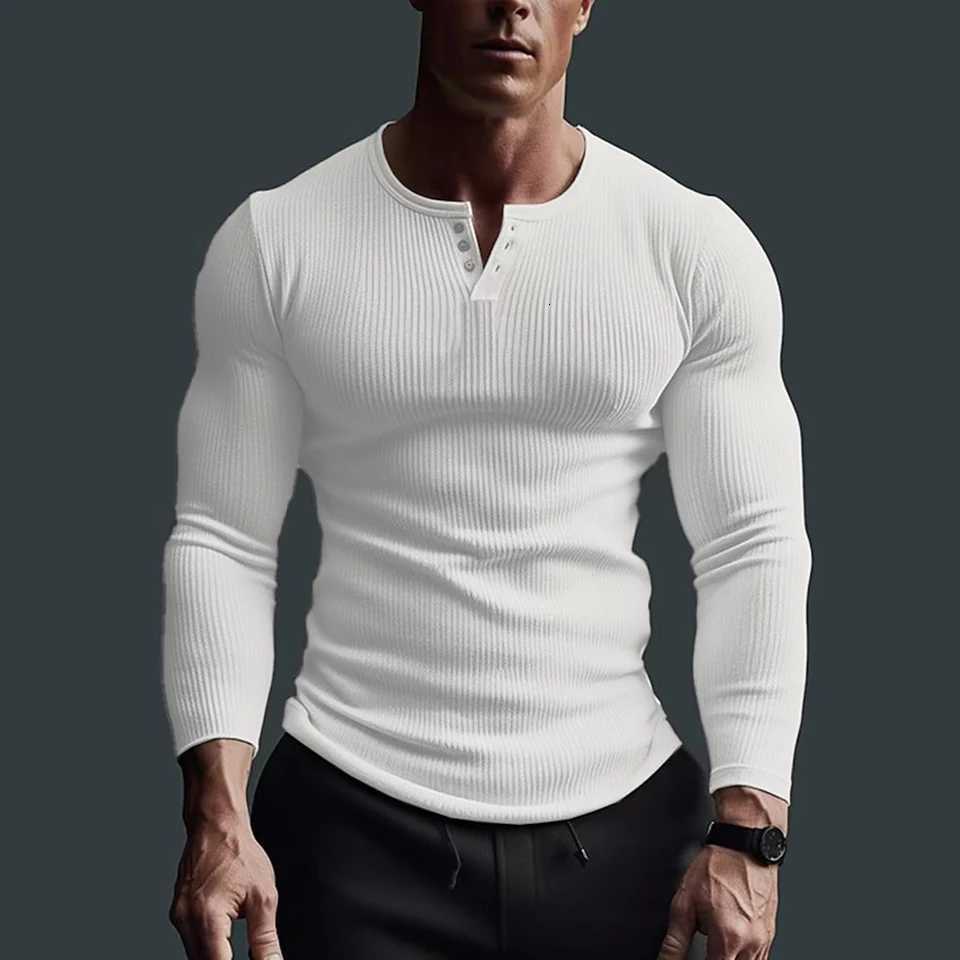 Mens Casual Waffle Fitness Muscle TShirt Long Sleeve Solid Color Button V Neck Basic Breathable Tops Tees T Shirts ClothingXJ250920