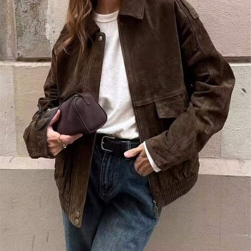 Yaphleet Women Elegant Suede Brown Bomber Jackets 2025 Fashion Ladies Casual Loose Outfits for Vintage Female Chic Clothes Cute y250919