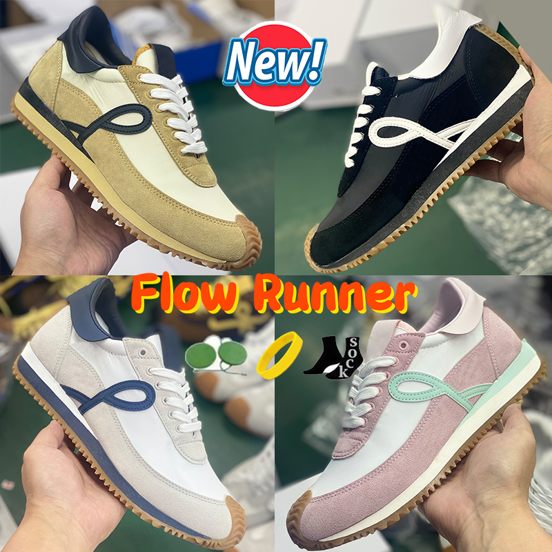 2025 Designer Casual Running Shoes Men Women Luxury Flow Runner Nylon Suede Sneakers White Light Grey Black Gold Pink Mens Womens Low Fashion Outdoo