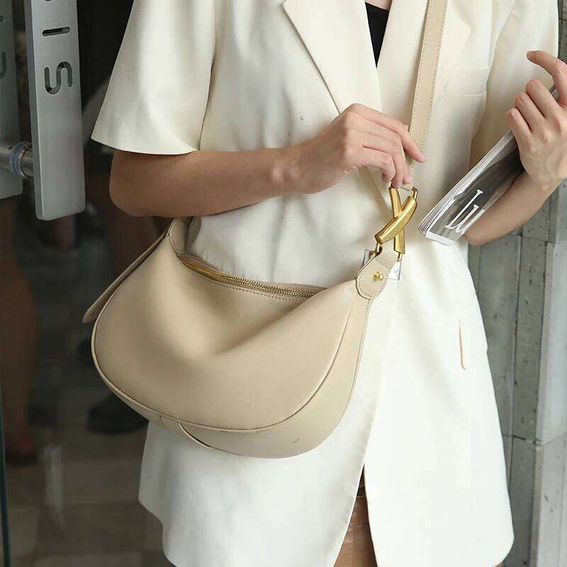 Cowhide Genuine Leather Bag Women's Hobos Sac Soft Shoulder Messenger Bags For Women Wide Female Half Moon Purse And Handbags Mdng916