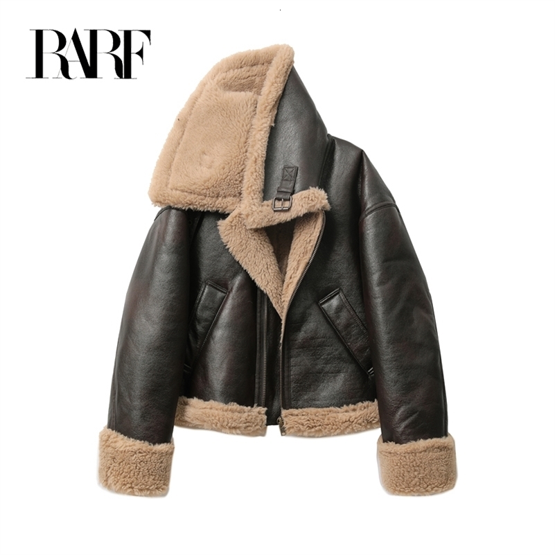 RARF Autumn winter womens thickened warm doublesided short jacket Womens brown coat250920