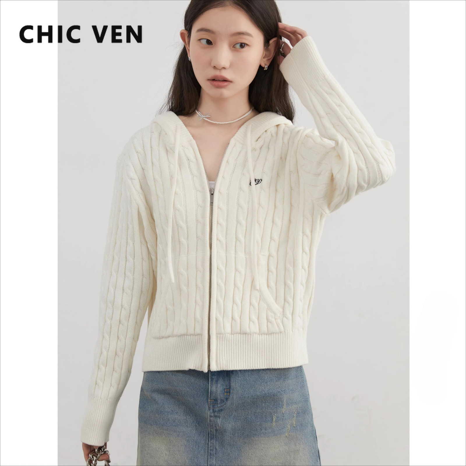 CHIC VEN Women Cardigan Loose Casual Vintage Hooded Knit Letter Embroidery Short Sweater Female Jumpers Autumn Winter 2025 250919