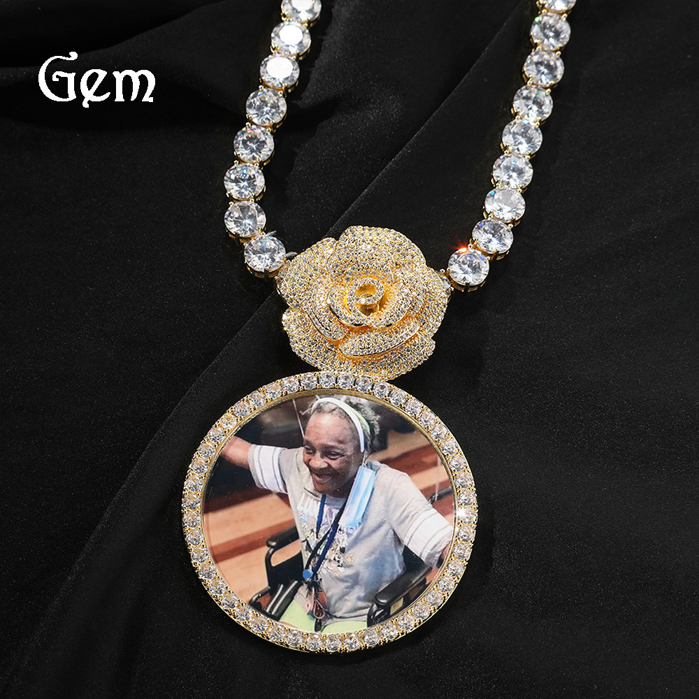 Hip Hop Necklace Rose Flower Buckle Head Oversized Round Photo Pendant Personality Wear Jewelry Accessories