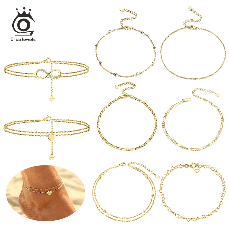 ORSA JEWELS Beads Adjustable Anklets Bracelet 100 925 Silver Gold Silver Color Girl Women Barefoot Ankle Jewelry Gift SA14 250919