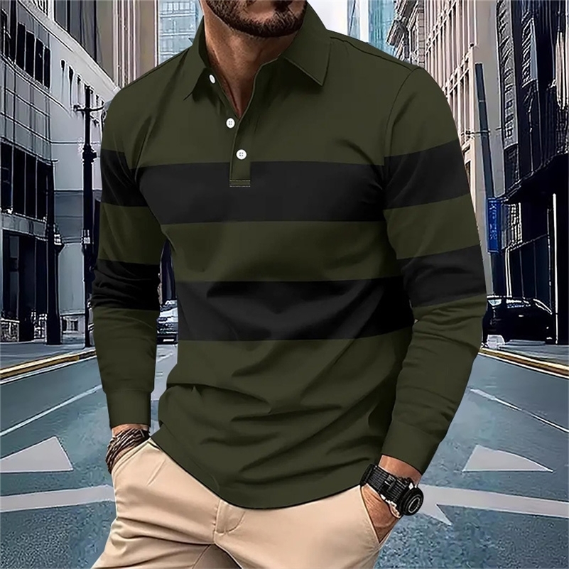 Spring and Autumn mens polo shirt patchwork fashion casual Tshirt with lapel stripes long sleeved polo shirt mens top 250919