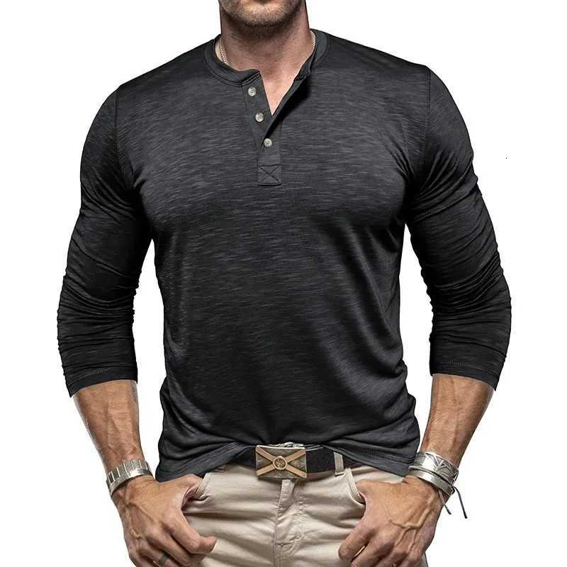 Casual Versatile Mens Henley TShirt Simple Solid Color Print Long Sleeve Tshirts Spring and Autumn Fashion Loose Button TopsXJ250920