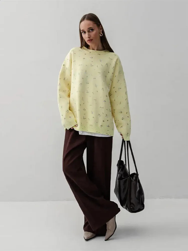 Loose Printed Women s Pullovers Elegant Oneck Knitted Full Sleeve Patchwork Female Sweaters 2025 Autumn Winter Lady Jumper 250920