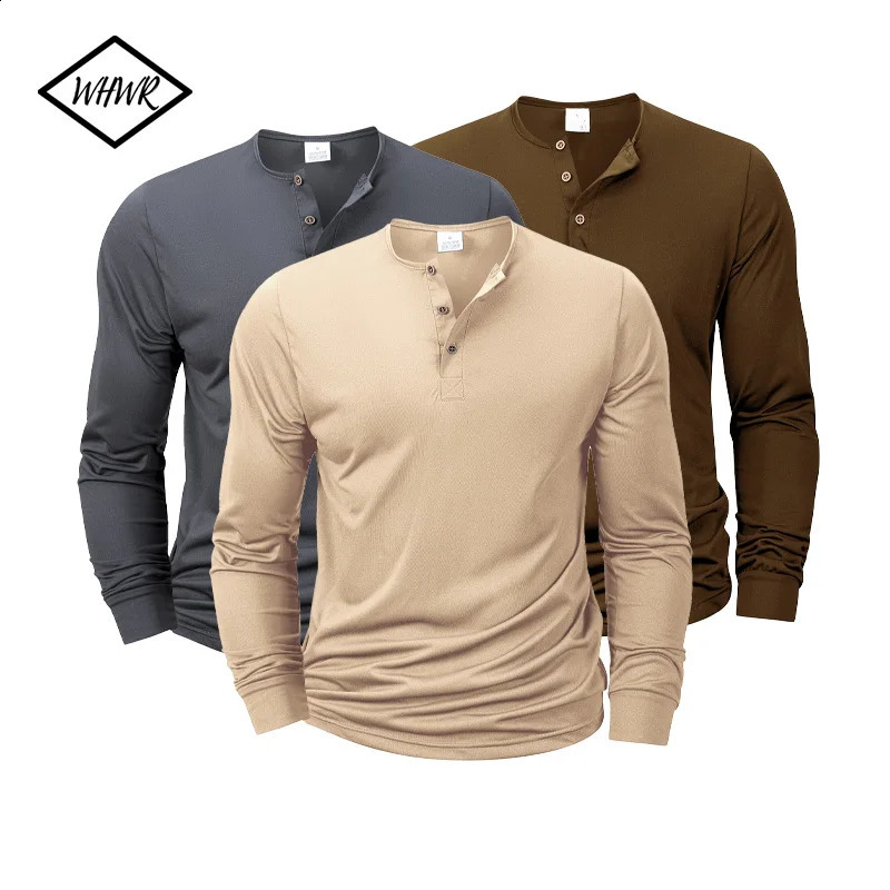 Men Long Sleeved Tshirt Slim Fit Bottoming Shirt Fitness Tops Tees Button Henley Neck Casual Cozy 250920