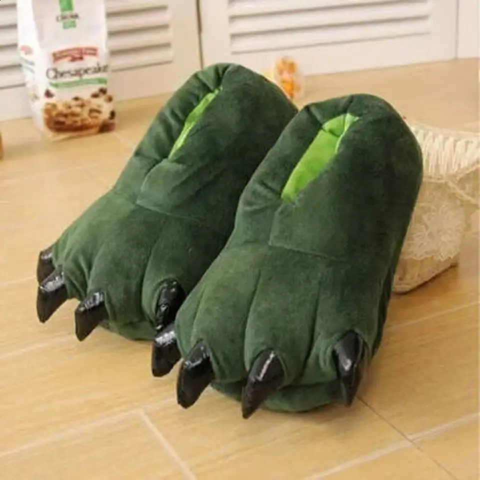 Hiver Monster Soft Monster Dinosaur Paw Slippers Funny For Hommes Femmes Kids Parentchild Home House Spops Chaussures Chaussures Coton 250920