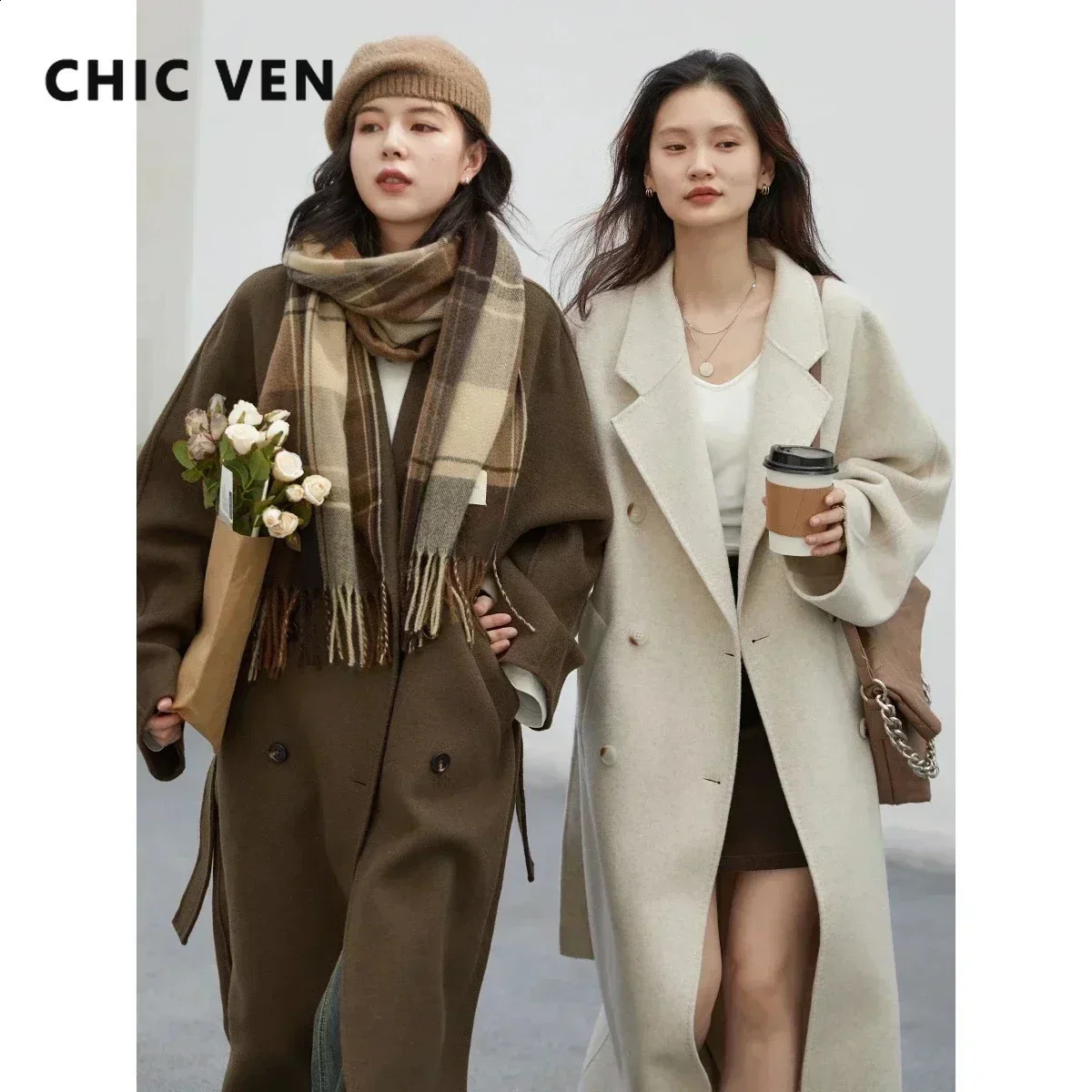 CHIC VEN Women Long Doublesided Woolen Coats Retro Loose Female Overcoat Double Breasted Ladies Windbreak Autumn Winter 2025 250919