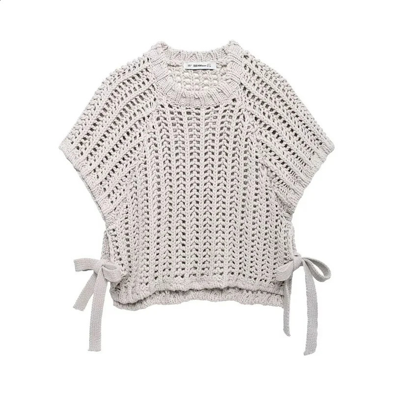 Women Fashion Beige Side Bow Lace Up Slit Knitted Pullover Sweater Vintage ONeck Short Sleeves Female Chic Lady Tops 250920