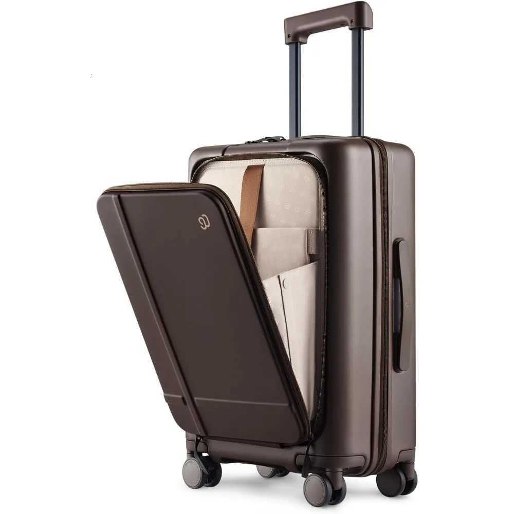 NINETYGO Carry On Luggage 22x14x9 Airline Approved 20 Inch Suitcase with Front Compartment Cup Holder CoffeeInfused PC Hard W250920-image-1076022095