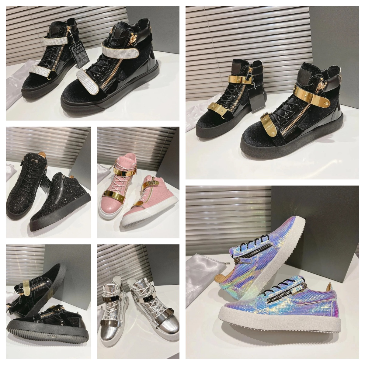 GIUSEPPE Luxnuy Designer Chaussures Hommes Femmes Cobes High-Top Cuir Verni Velours Tige Métal Zipper Baskets Mode Low-Top Diamant Incrusté Robe