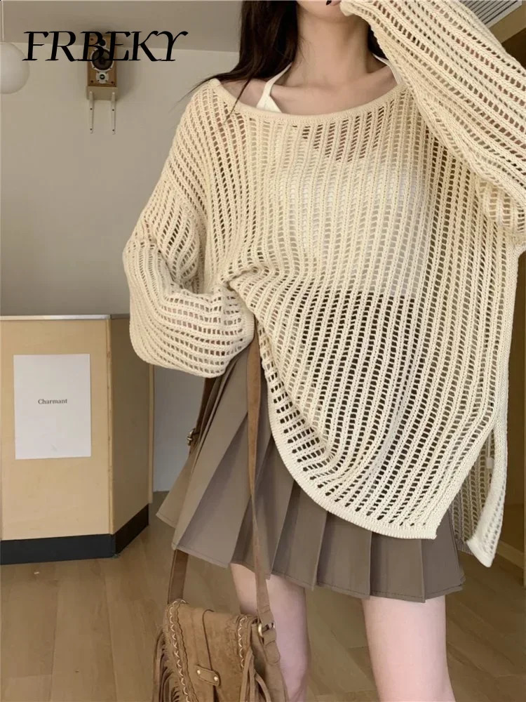 Sweater Women Autumn Korean Hollow Strapless Knitwear Loose Casual Longsleeved Tops Pullovers Women Harajuku Jumpers 250920