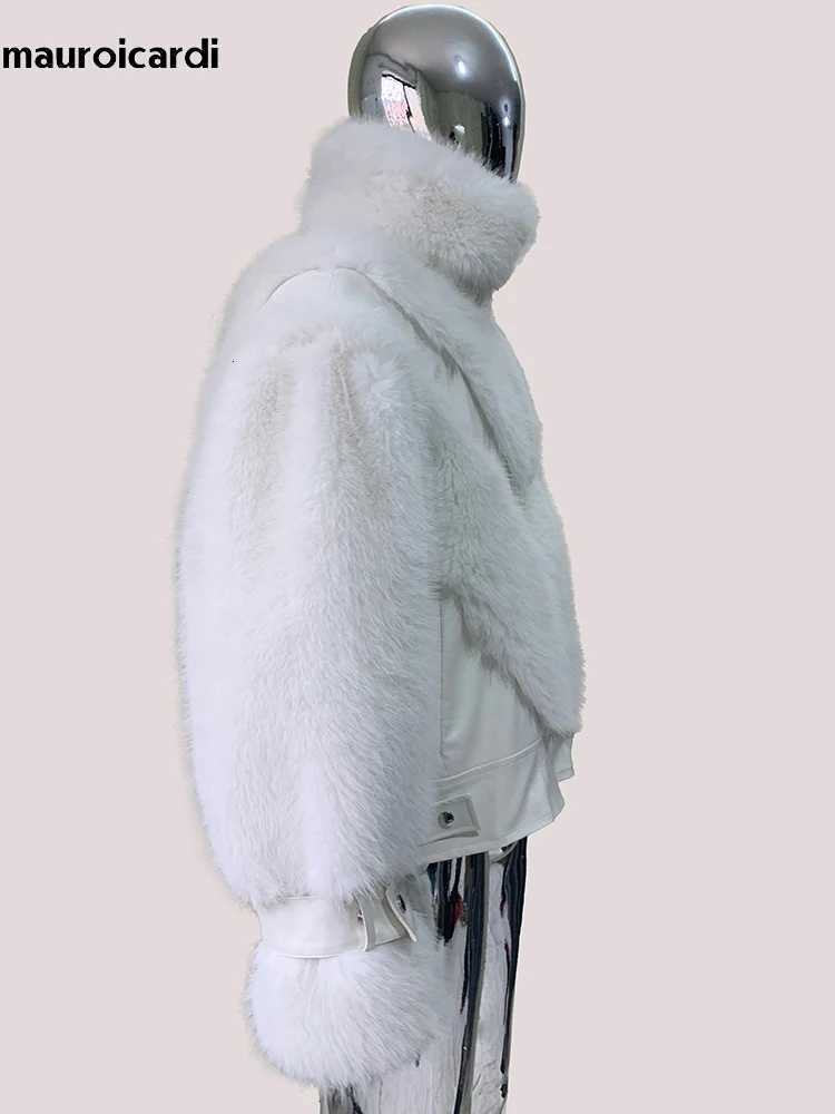 Mauroicardi automne hiver court court épais chaud blanc pu cuir Patchwork fausse manteau de fourrure mec collier zip up up moelleux veste 2025xj2