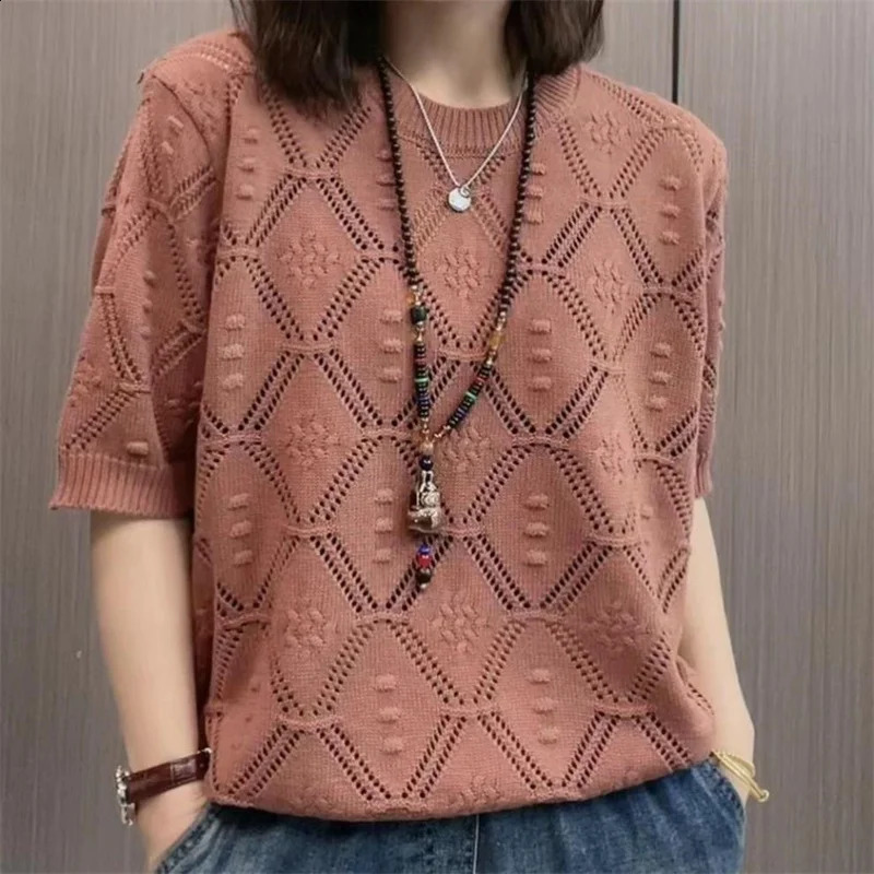 Spring Summer Shortsleeved Women Sweater Oneck Jacquard Hollow Thin Knitwear Sweater Pullovers Lady Jumper Knitted Tops 250920
