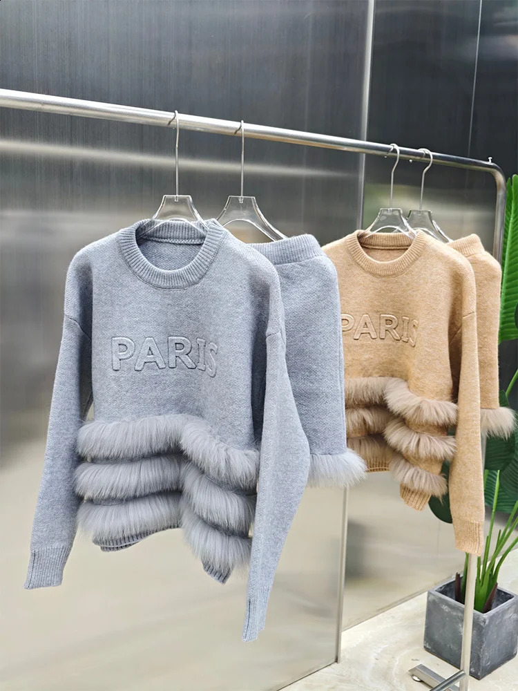 2025 Spring Autumn Womens Real Fox Fur Knitted Cardigan Coat With Skirt Special Sweate Femeale Suit 250919