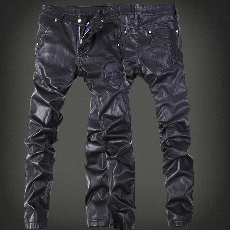 YASUGUOJI Outdoors Pu Leather Pants Men Fashion Skull Tag Patchwork Mens Skinny Motorcycle Leather Jeans Men 250919