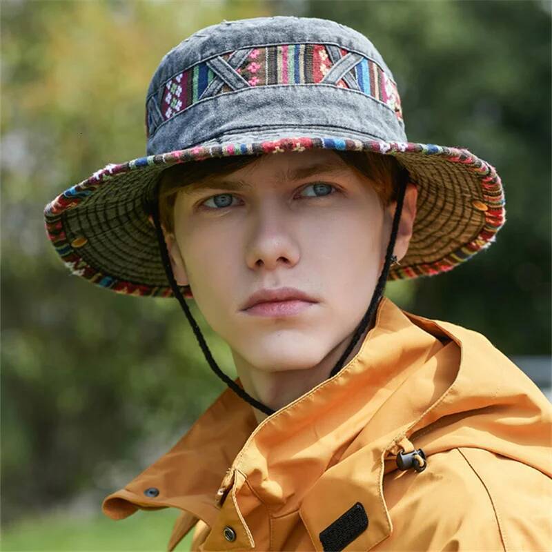 Chapeaux de seau d'été Retro Printing Cowboy Cap Men Femmes de pêche extérieure Randonnée anti uv Caps de soleil Coton Wide Brim Panama Hat Ddmyt