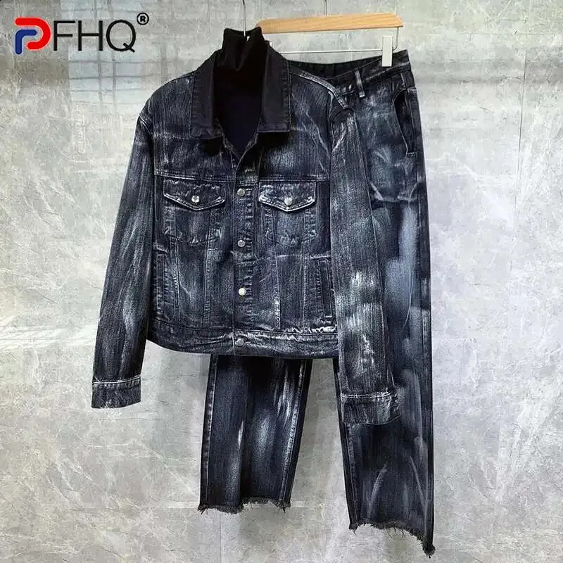 PFHQ Autumn Mens Motorcycle Contrast Color Denim Set Haute Quality Single Breasted Jackets Pocket Vintage Trousers 21Z2068 250919