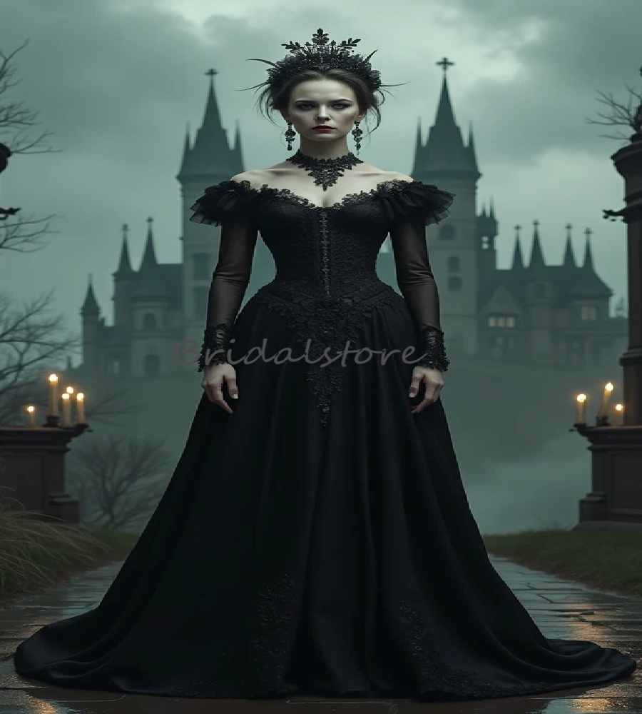 Halloween Black Médiéval Robe de soirée épaule à manches longues Lace Gothic Prom Robe Elf Renaissance costume de fête formelle Vestidos para Muj