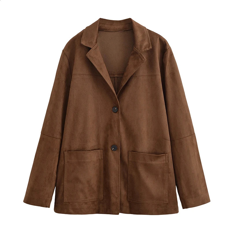 Yenkye marron fausse en daim femmes blazer collier de revers vintage single pochets poitrine manteaux 2025 automne décontracté lady extérieur 250
