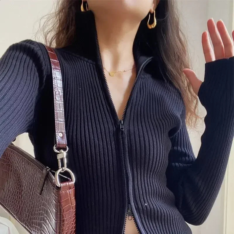Autumn Womens Clothing Casual Cardigan Y2K Slim Knitted Sweater Zipper Lapel Top Vintage High Strecth Slim Pullovers 250919