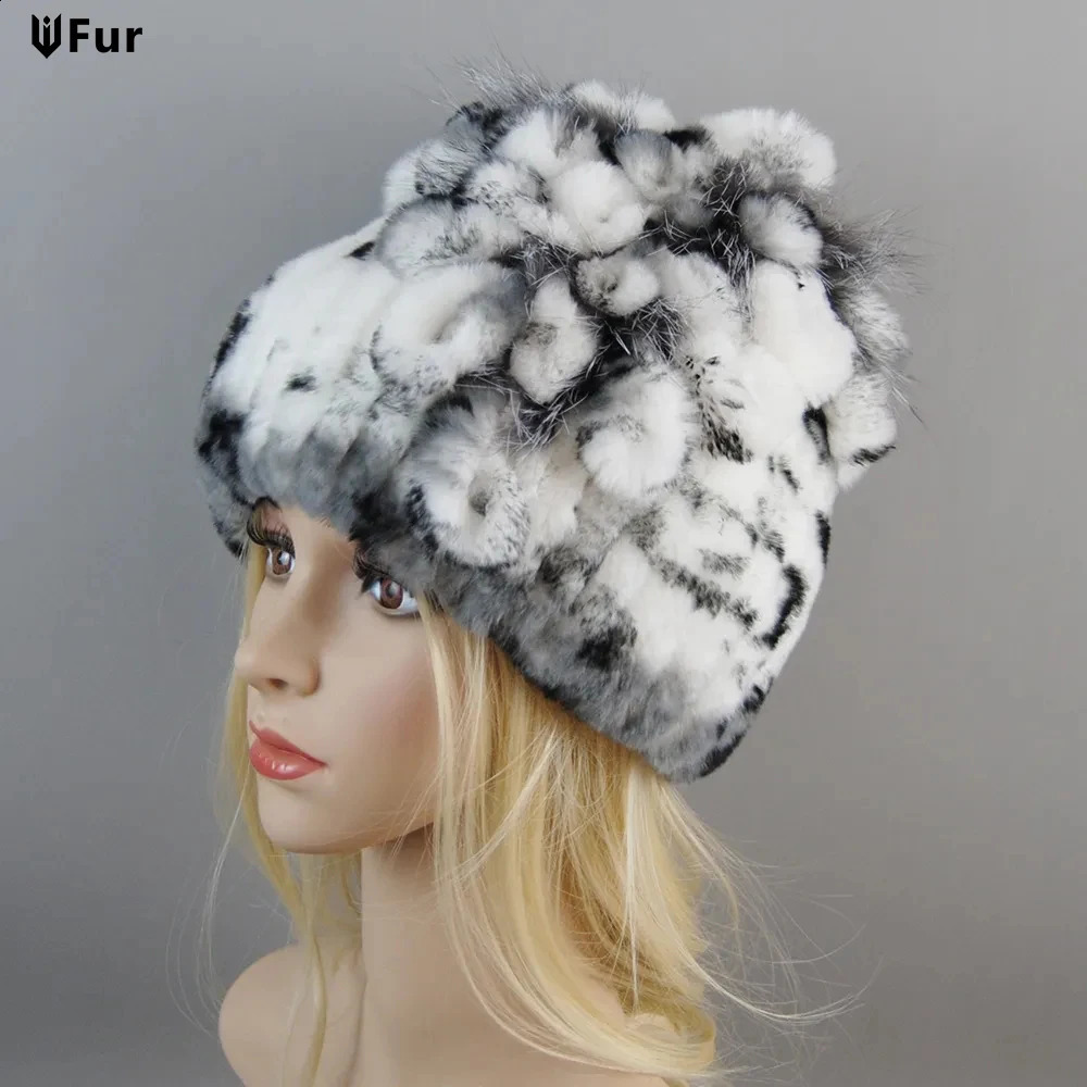 Russian Winter Female Real Genuine Rex Rabbit Fur Cap Knitted Hat Women Skullies Beanies 250919