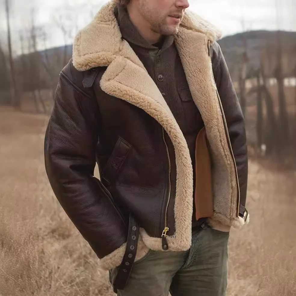 Mens PU Leather Jackets Outdoor Windproof Winter Fur Collar Leather Coats Mens Casual Thicken Lamb Wool Warm Coldproof OutwearXJ250920